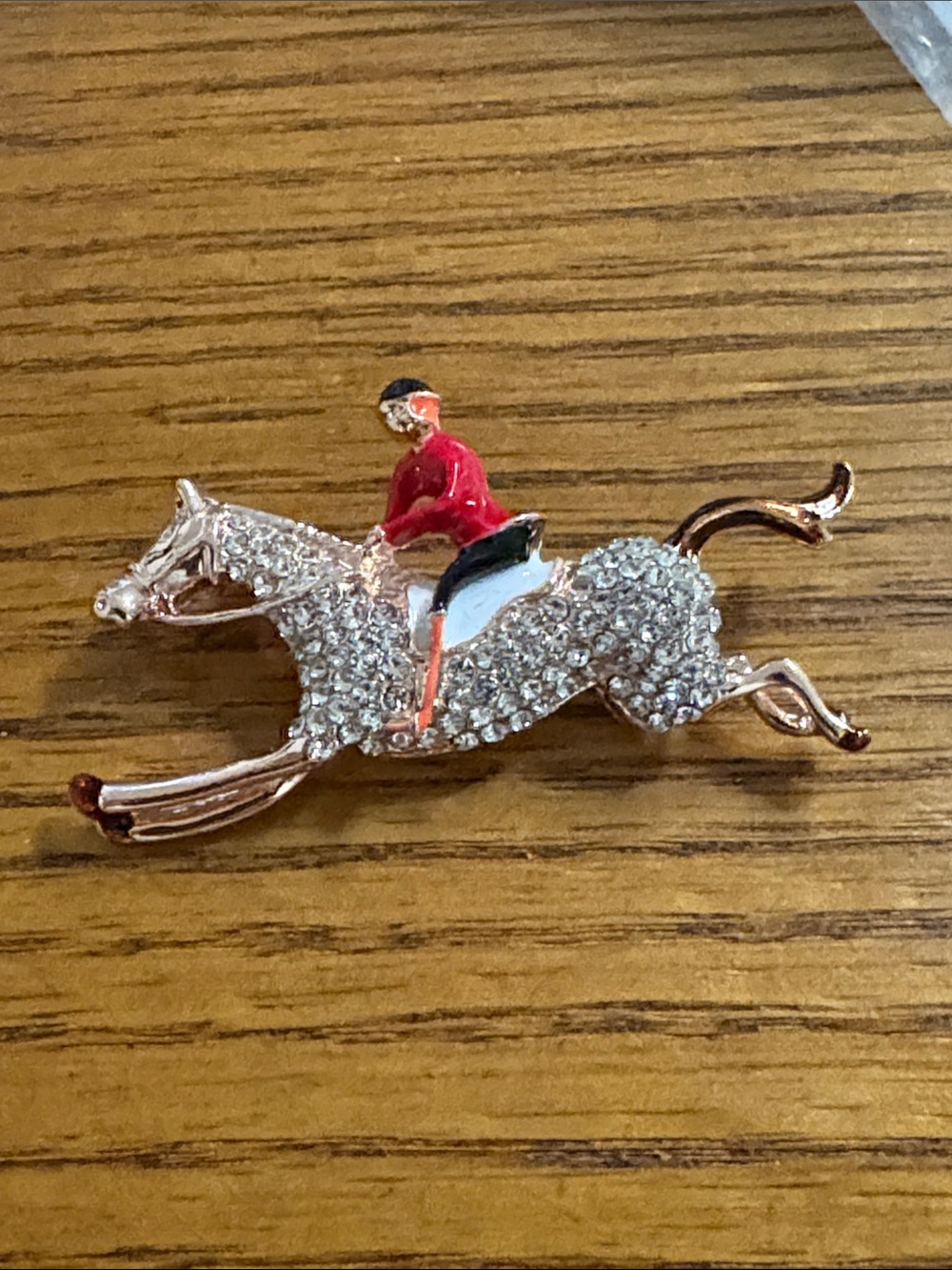 Equestrian Crystal Horse & Rider Brooch - Red Jacket